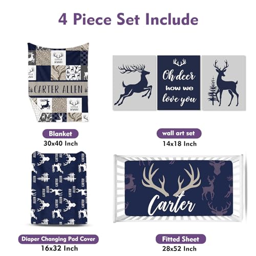 Personalized Baby Crib Bedding Set: 4 Piece Custom Gift Crib Bed Set with Name - Navy Deer Design, Nursery Bedding Set for Baby Girls,Newborn Boys Girls Crib Sets, Crib Bedding Shower Gifts3