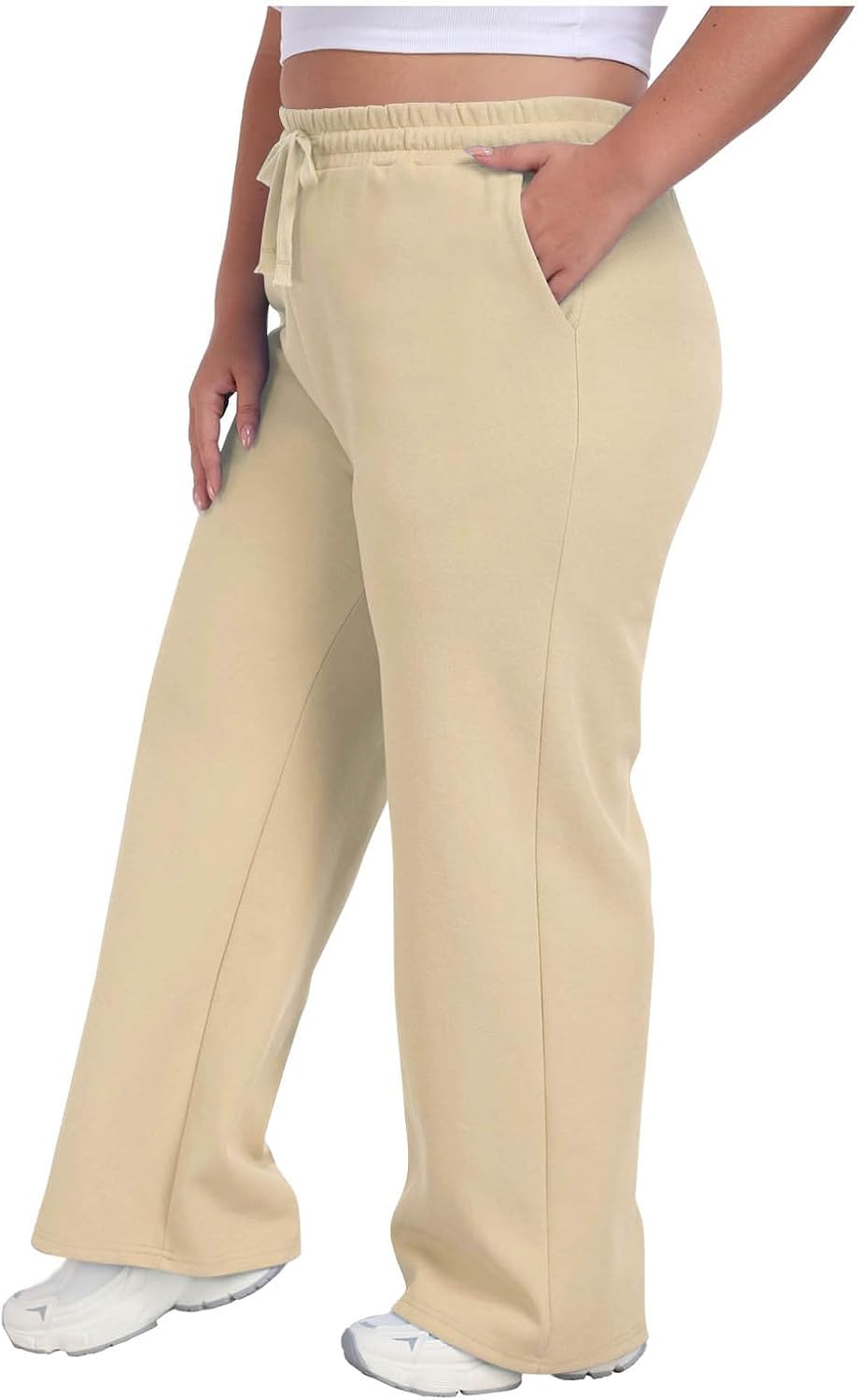 Straight Wide Leg Sweatpants for Curvy Women Plus Size Daily Trousers | Elastic Drawstring High Waist Track Pants, Solid Color Side Pockets Breathable Relaxed Fit Match Sneakers for Casual Trips