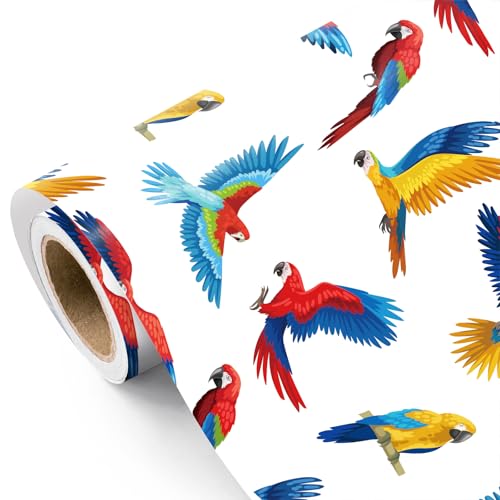 WRAPAHOLIC Colorful Parrot Wrapping Paper Roll - Mini Roll - 17 Inch x 16.5 Feet - Bright Flying Parrots Tropical Bird Wrapping Paper for Birthday, Summer Party, Tropical Theme Events, Wedding