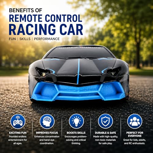 Image of Wishkey Remote Control Car Toy Super High Speed Racing Car with Stylish Looks & Modern Design,RC Vehicle Toy for Kids Age 4+ Years Black-Blue, (Pack of 1)