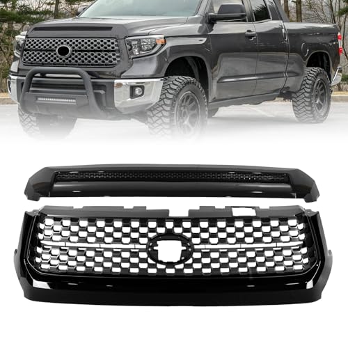 Kspeed Front Bumper Honeycomb Grille Gray Grill w/Gloss Black Trim & Front Upper Hood Bulge Gloss Black Molding Trim Fit for 2014-2020 Toyota Tundra