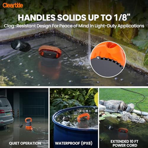 Image of Cleartide Submersible Utility Pump with Float Switch, 2160 GPH High Flow, Water Pump with Copper Motor, Ideal for Yard and Flooded Cellar, Hot Tub, Garden Irrigation