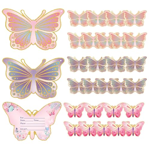 TEOZBLU 30 Pcs Tarjetas De Invitación Para Cumpleaños Infantiles, 15 x 10 Cm, Tarjetas De Invitación De Mariposas Para Niñas y Niños, Invitaciones Cumpleaños Infantil Para Fiestas Infantiles