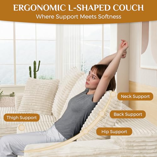 Image of 108 inch Boneless Cloud Sectional Couches for Living Room, Comfy Fluffy L Shaped Memory Foam Deep Seat Boneless Couch, Modular Sectional Sofa with Right Facing Chaise, White