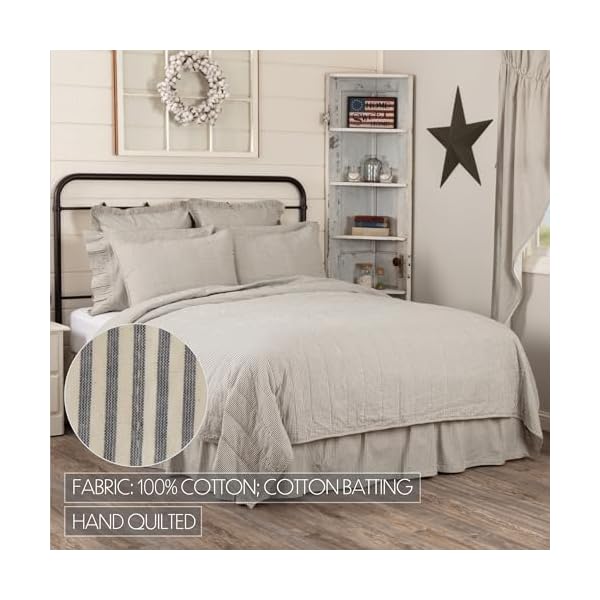 Vhc brands hatteras seersucker ticking striped cotton americana bedding pre washed square queen coverlet quilt 94×94 denim blue  urban country home decor