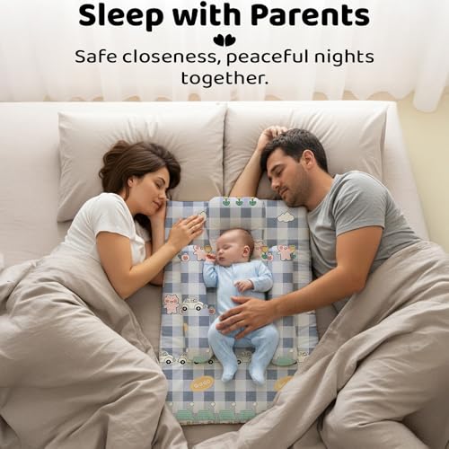 Image of StarAndDaisy Newborn Baby Bedding Nest Cushioned Mattress Sheet with 2 Side Bolster Pillows & 1 Head Pillow Breathable & Soft Boys & Girl Design.