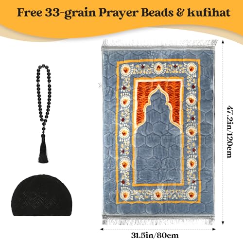 Tapete de oración musulmán con cuentas y gorro Kufi, gris miniatura 2