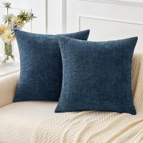 Image of MIULEE Pack of 2 Blue Throw Pillow Covers 18x18 Inch Soft Chenille Pillow Covers for Sofa Living Room Couch Solid Dyed Cases