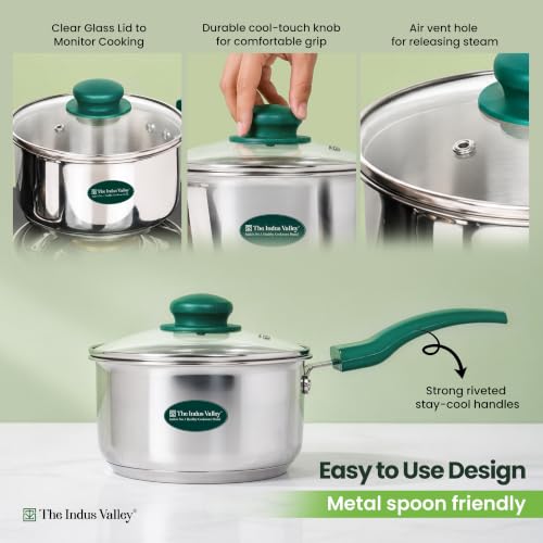 Image of The Indus Valley Stainless Steel Impact Bonded Sauce Pan 1.5 litres with Glass Lid | Chai & Soup Pan | Induction & Gas Compatible | 3-Layer Thick Bottom | Stay-Cool Handles | 100% Toxin-Free