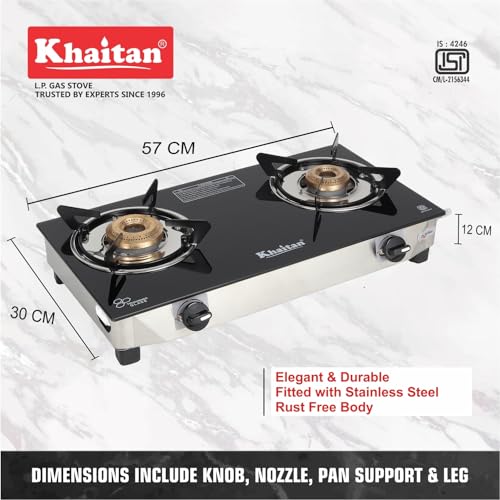 Khaitan 2 Burner Nano Black Stainless Steel | LPG Cooktop I Manual Ignition Stove| Ergonomic Knob | with 1 Year Warranty | Pan India Service | LP... - Image 3
