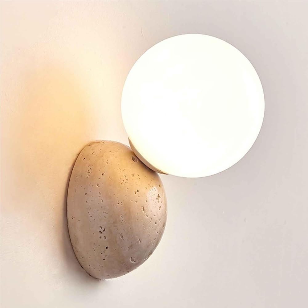 FEITENGDA Modern Natural Stone Wall Sconce Yellow Travertine Wall Light with Round Glass Shade Bedside Lamp Fixture for Cafe, Restaurant, Hotel, Bedroom, Bathroom Vanity Lighting