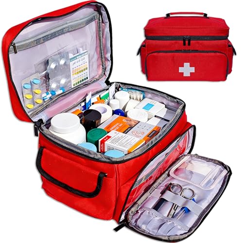 MiimGogo First Aid Bag Empty 12 x 9 x 7 Red Medical Bag Red Pill Bottle Organizer Portable Emergency Bag Travel Medicine Kit Storage Case First Aid Box for Car Home Office Dorm Outdoor (Small)