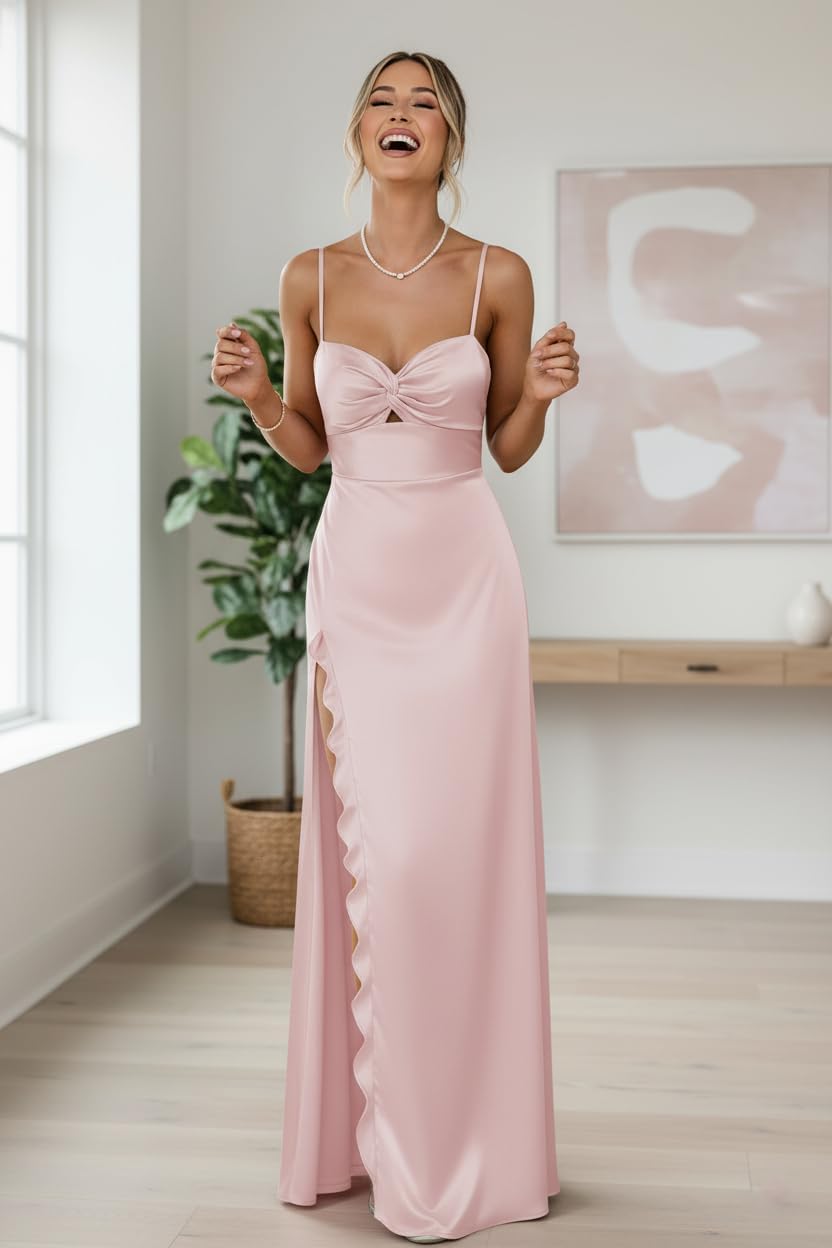 Spaghetti Straps Satin Prom Dress for Teens Women's Mermaid Ruffle Formal Evening Party Gowns with Slit LL-M119