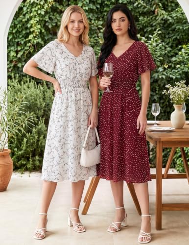 Image of Gardenwed Chiffon Floral Dresses Summer Midi Wedding Guest Dress V Neck for Women Elastic Waist