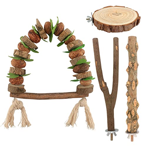 Image of 4PCS Natural Wood Bird Perch Stand - Parrot Perch Stand Training Platform Bird Perch with Hanging Swing Toys - Paw Grinding Stick & Climbing Toys for Bird Cage Accessories