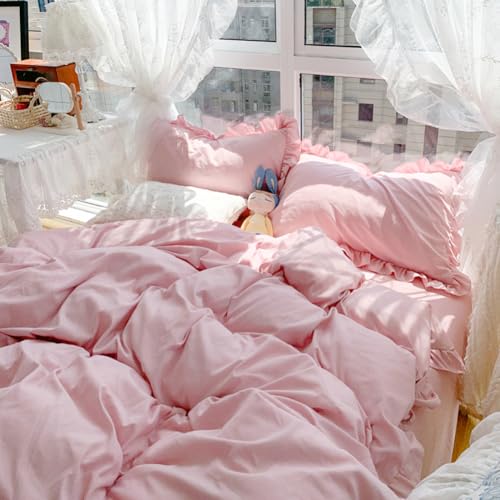 Nayoroom Pink Ruffle Duvet Cover Queen Size Coquette Ruffle Bedding Set 3Pcs Vintage...