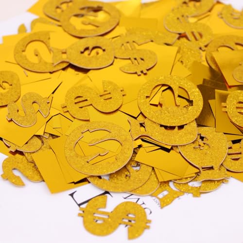 Blopee Dollar Sign Money Confetti, Gold for Casino Theme Party Decorations, 90PCS and 10 Grams of Foil Glitter for Money Themed Party