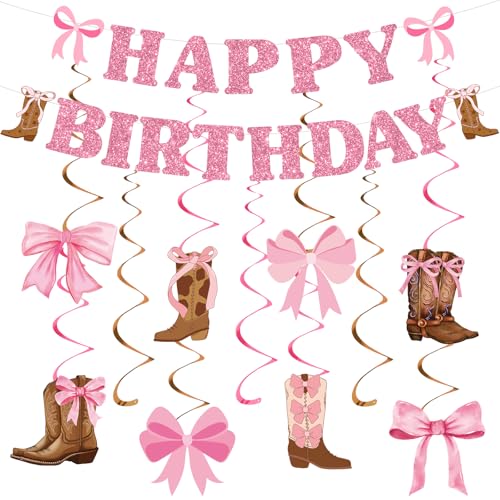 Cowgirl Birthday Party Decorations Glitter Pink Happy Birthday Banner Boots and Bows Cowgirl Western Coquette Hanging Swirls Rodeo Bachelorette Party Decor for Women Girls Bday Baby Shower Supplies