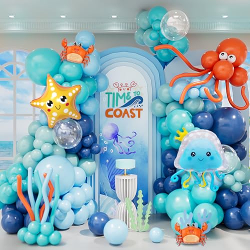 Image of DBKL Under the Sea Party Decorations, 167Pcs Under The Sea Balloon Arch Kit, Blue Teal Light Blue Orange Long Balloons Marine Animals Foil Balloon for Baby Shower Birthday Pool Party Supplies