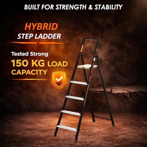 Image of Prime Magnus 5-Step Hybrid Step Ladder | Steel Frame + Aluminium Steps | Heavy Duty Ladder for Home | Anti-Skid Platform | 150 KG Load Capacity | 5 Year Warranty | Made in India | Black & Silver