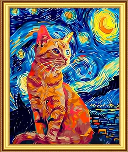 Image of Foxnyart Stamped Cross Stitch Kits Full Range of Embroidery Needlework Starter Kits for Beginners Adults 11CT Embroidery Patterns Art Crafts DIY Needlepoint Kit-Van Gogh Starry Cat 16x20 inchs
