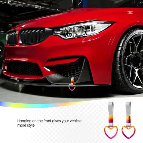 Image of 2PCS Heart Shaped Car Handle Straps, Rear Bumper Warning Keychain Ring for Car Exterior Accessories (Chrome Rainbow Heart - White)
