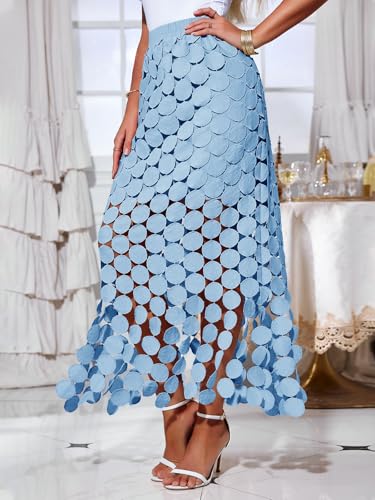 Image of Cicy Bell Womens Hollow Out Maxi Skirts Summer Boho Fringe Hem Long Skirt | High Waist,Circle Skirt,Casual,Dressy,Midi Skirt,Beach Vacation