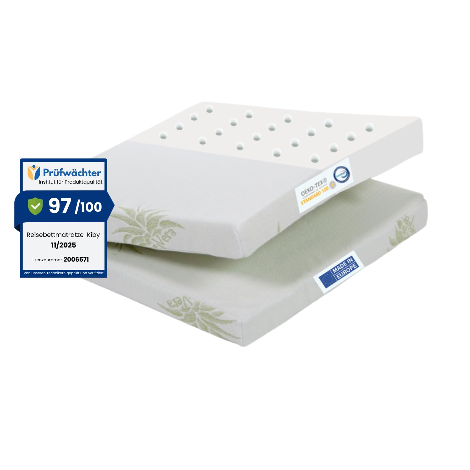 Kiby® Reisebettmatratze 120x60 cm | Höhe 7cm | (Oeko-TEX® & Certipur™ Zertifiziert) Atmungsaktiv aus Aloe Vera, Faltbare