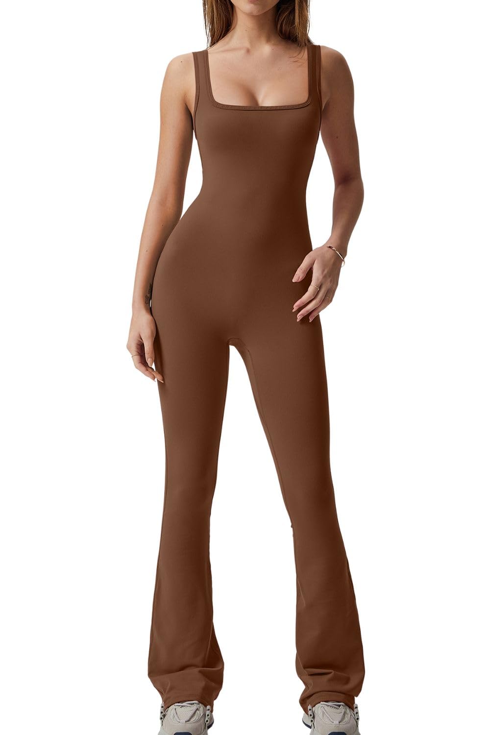 QINSENWide Leg Jumpsuits for Women Tank Square Neck Bodycon Full Length Casual Unitard Playsuit