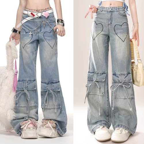 Fashion High Waist Baggy Jeans Y2K Heart Pattern Tie Cargo Pockets Casual Straight Leg Wide Leg Denim Pants3