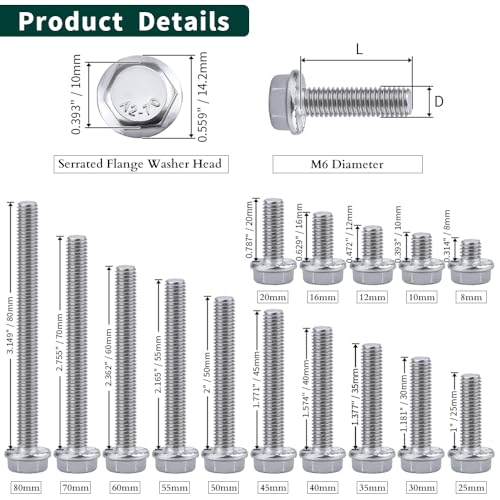 Image of M6-1.0 x 25mm Hex Flange Bolt (1 inch Thread Length), DIN6921, Serrated Locking Flange, 304 Stainless Steel, UNC Full Thread, 25-Pack