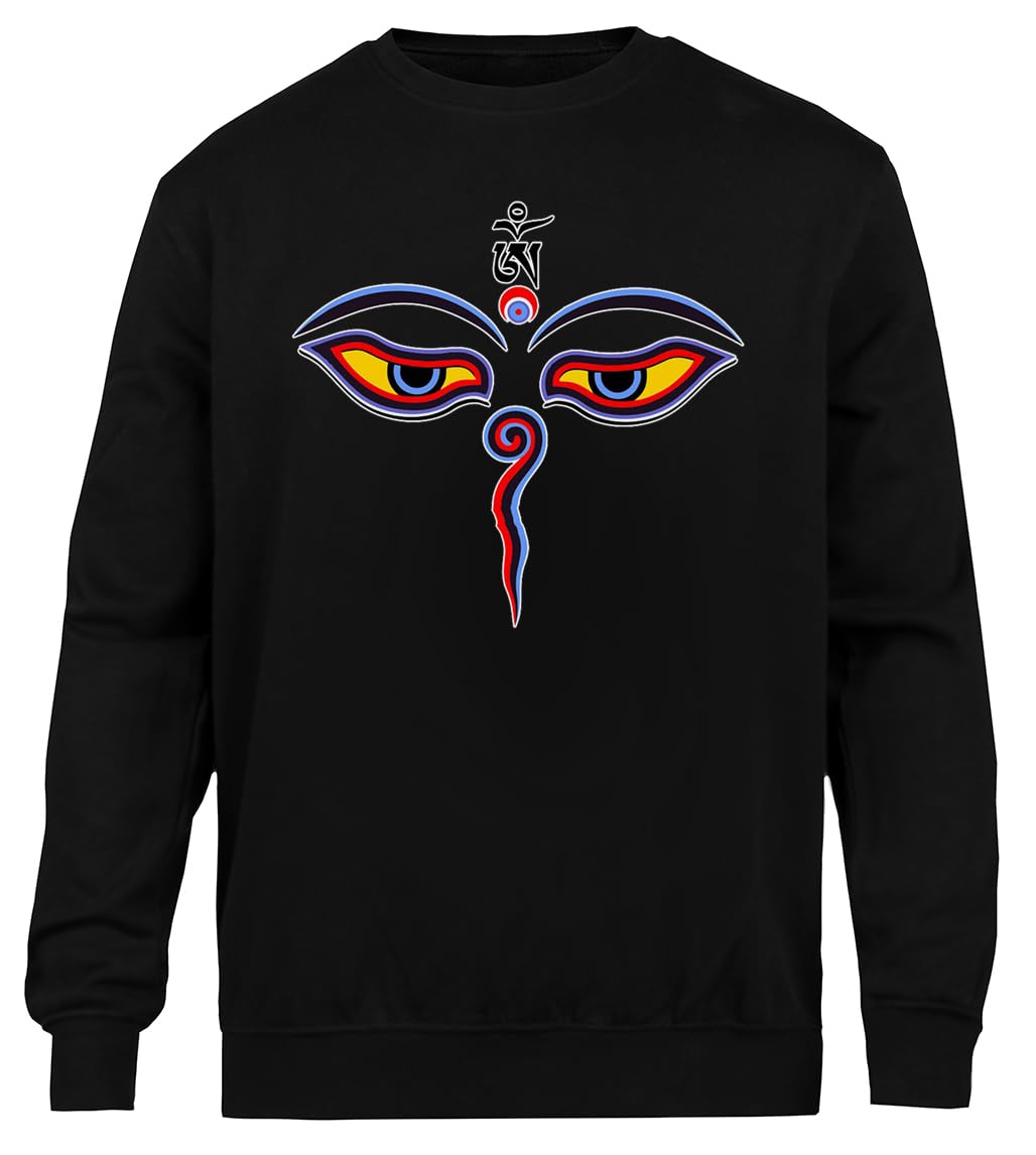 Oczy Mądrości Buddy - Oczy Świątyni Bodhnath Unisex Czarny Sweter Ekologiczny Unisex Black Sweatshirt Eco-Friendly Crewneck