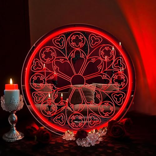 Image of Gothic Rose Window Mirror Neon Sign for Wall Decor, LED Spooky Cathedral Mirror Art, Gothic Home Accent for Bedroom Living Room, Unique Gift for Gothic Aesthetic Lovers 13.5〞x 13.5〞