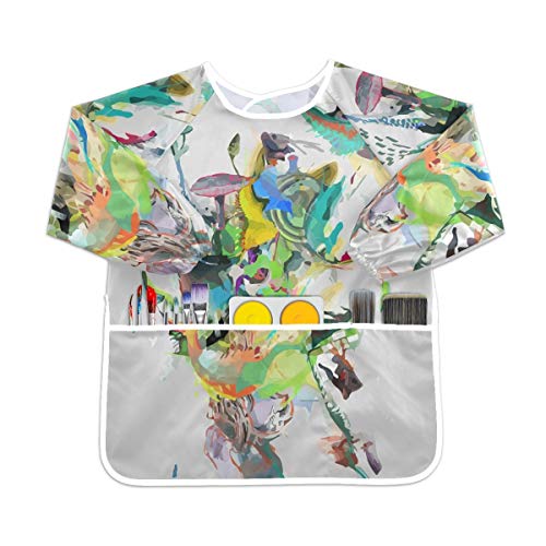 手描き水彩アートフィッシュ幼児用キッズスモック子供用防水エプロンアートペインティングスモックよだれかけ3ポケット付き