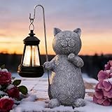 Qeeman Solar Cat for Garden Decor: Weatherproof Resin Statues with Lantern for Outdoor Outside Yard Pathway Patio Porch Balcony Decorations - Gifts for Mom Grandma Cat Lovers
