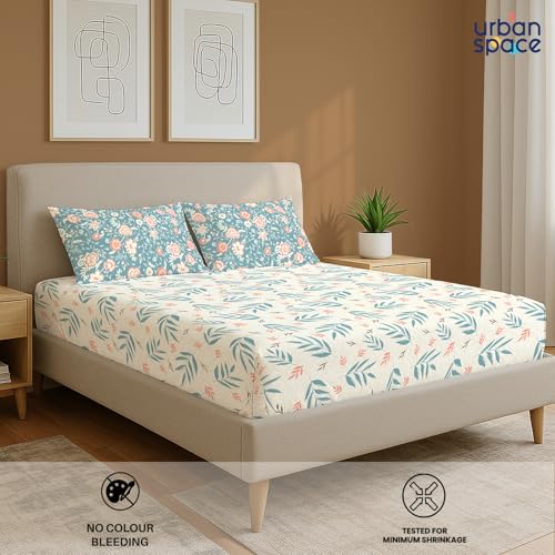 Image of Urban Space Divine 100% Cotton King Fitted Size Bedsheet, 144 TC Super Soft Elastic bedsheets for King Size Bed, Floral Design King bedsheet with 2 Pillow Covers (72 inch x 78 inch, Raina Blue)