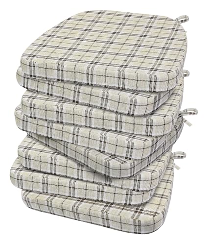 Image of AAAAAcessories D-Shaped Chair Cushions, 2 inch Thick Dining Chair Pads with Ties and Removable, Machine-Washable Cover, 17 inch x 16 inch, Set of 8, Tan Plaid