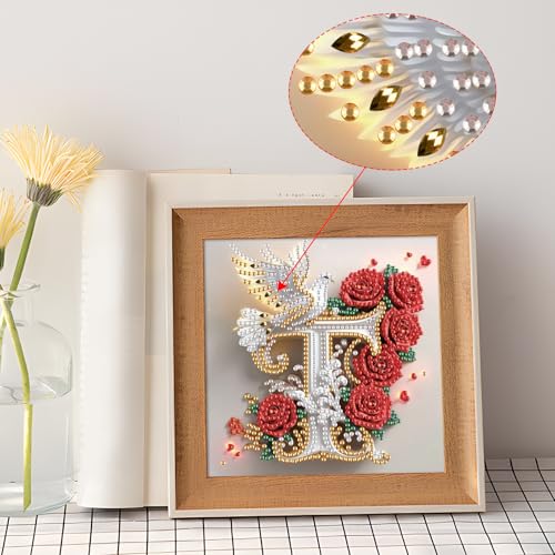 Image of AiYuanzsh 5D DIY Diamond Art Kits for Adults Letter T, Timeless Rose & Dove Floral Special Shape Diamond Painting Kit, Alphabet Diamond Art for Home Decoration and Valentine's Day Gift Idea 17x17cm