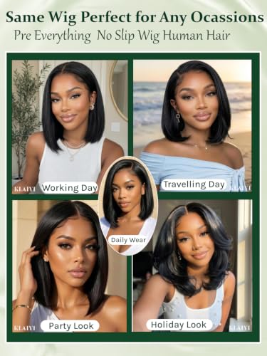 Image of KLAIYI Bye Bye Slip Yaki Straight Bob Wig Human Hair Glueless 13x4Lace Front Wigs Human Hair Drawstring Pre Plucked Bleached Knots Pre Everything 3S Ready to Wear and Go Wig Beginner Friendly 14Inch