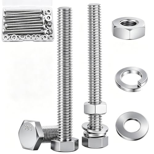 Image of 10 Sets1 /4-20 x 3 inch Stainless Steel Hex Head Screws Bolts, Nuts, Flat & Lock Washers,18-8(304) Full Thread