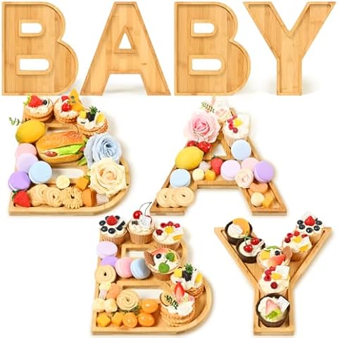 4 Pcs Wooden Charcuterie Letters Fillable Cardboard Letters for Baby Charcuterie Board Letters Trays for Food Cake Cookies Fruit Dish Baby Shower Birthday Party Decorative Platter Cover