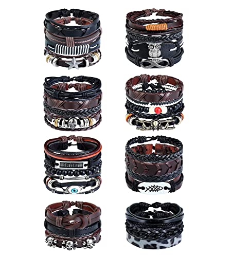 RnBLM JEWELRY 30Pcs Braided Leather Bracelets for Men Women Adjusteble Woven Cuff Wrap Bracelet Wood Beads Ethnic Tribal Bracelets Set