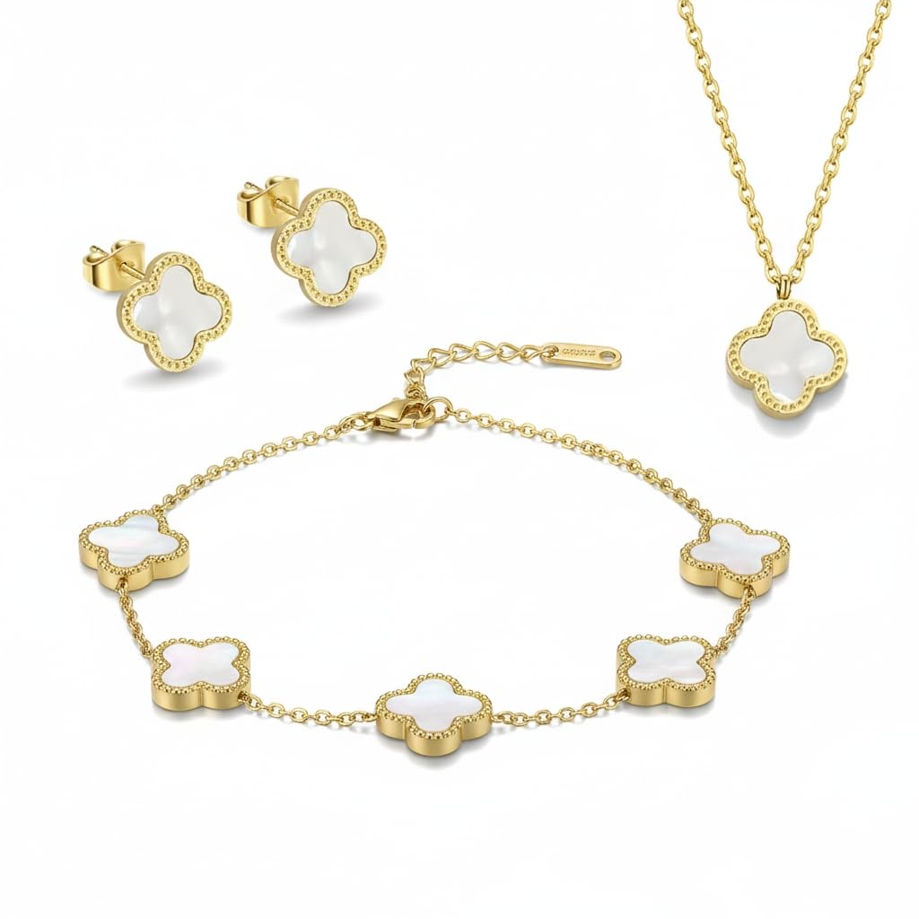 Luxury Fashion Jewelry Lucky Ladies Shell Four Leaf Clover necklace set 18K Gold Plated Stainless Steel jewellery