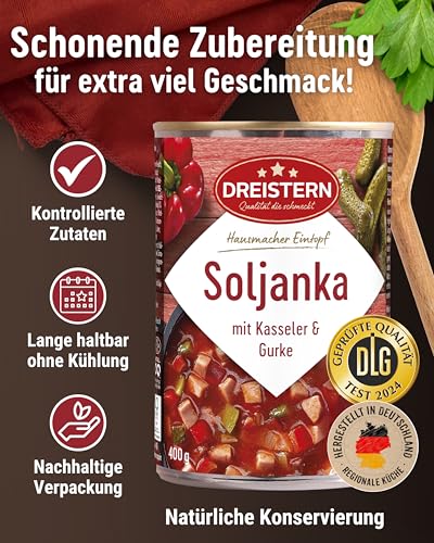 DREISTERN Soljanka 400g I Mit Kasseler & Gurke I Herzhafter Eintopf in recyclebarer Konservendose I Lange Haltbarkeit dank natürlicher Konservierung I Hausmacher Qualität – Bild 3