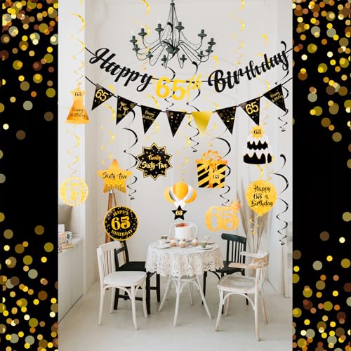 Image of Black&Gold 65th Birthday Decorations, Happy 65th Birthday Banner with 10PCS Hanging Swirls