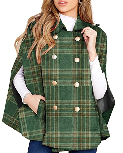 Womens Plaid Jacket Double Breasted Winter Cape Coats Turn Down Poncho With Pockets