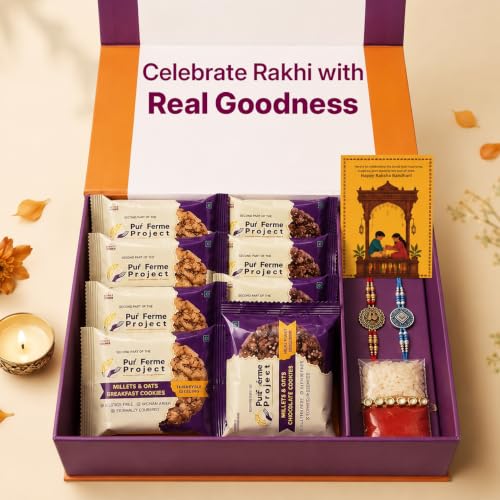 Image of PurFerme Project Bhaiya Bhabhi Rakhi Gift Hamper for Brothers & Sisters | 8-Items Combo with Kundan Rakhi, Millet & Oats Chocolate and Breakfast Cookies & Roli Chawal | Raksha Bandhan Gift Box