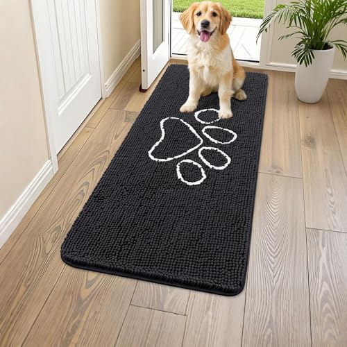 Image of Smiry Dog Door Mat for Muddy Paws, Absorbent Dirt Trapper Non Slip Quick Dry Washable Chenille Mat for Mud Dogs, Entry Rug for Indoor and Outdoor (47x20 Inches, Black and White)