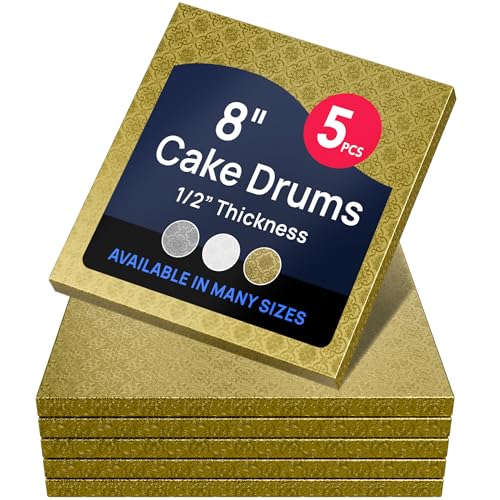 O'CREME Gold Square Cake Pastry Drum Board 1/2 Inch Thick, 8" x 8" - Pack of 5