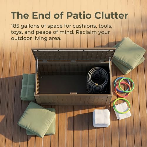 Image of 185 Gallon Deck Box Outdoor Storage, Weatherproof Resin Patio Container for Cushions Garden Tools Pool Accessories, Lockable Lid with Handles, Bench Seat for Yard Patio Garage